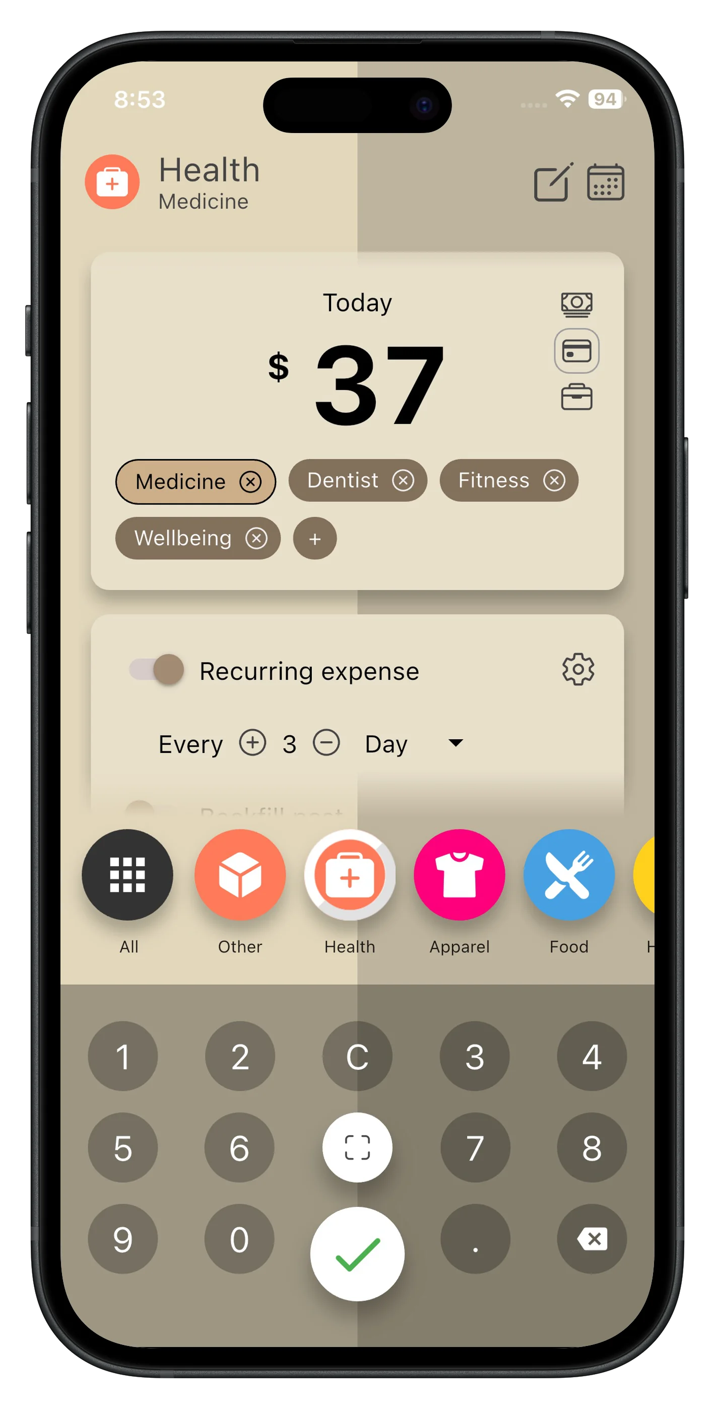 Add expense with receipt scanning and categories