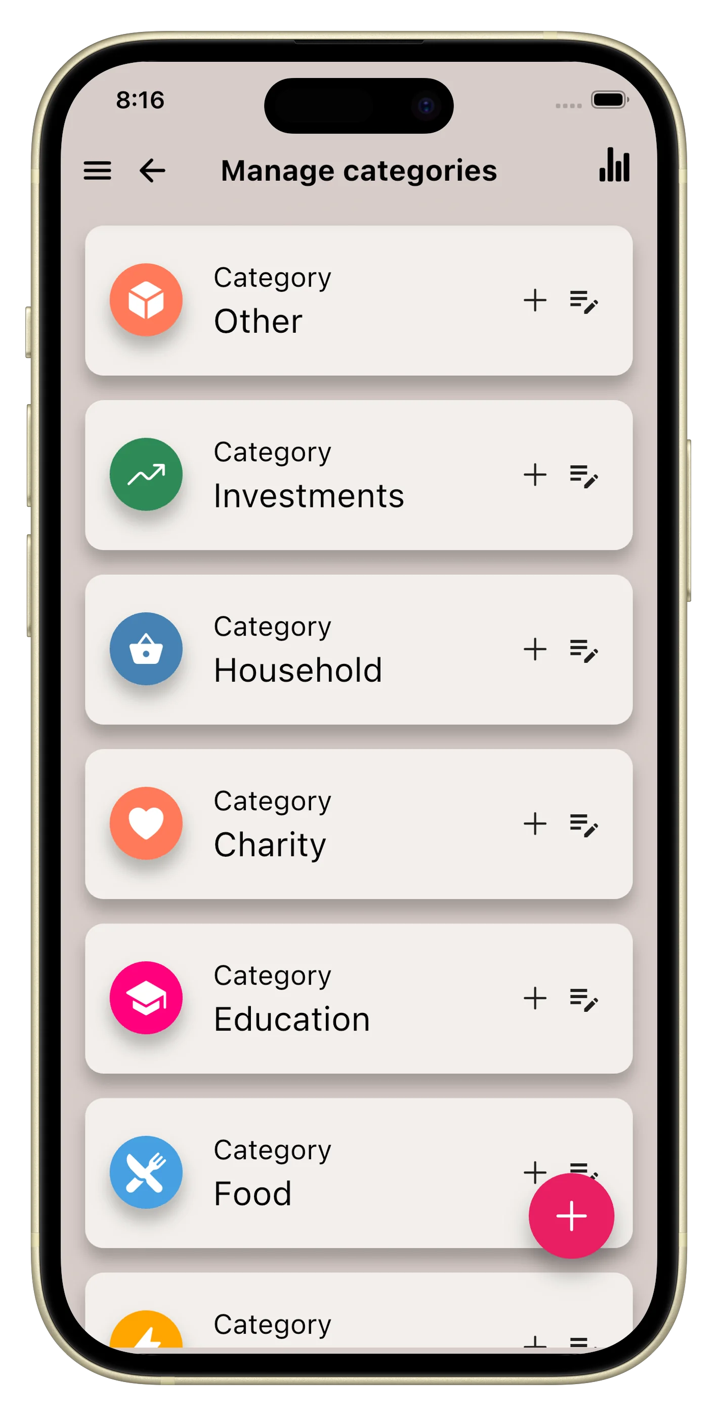 Custom categories with colors and icons